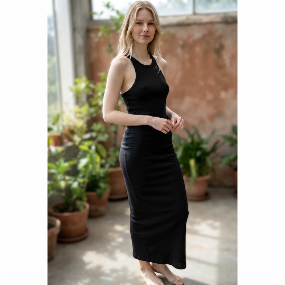 T by Alexander Wang Maxi Dress Womens L Black Solid Rayon Racerback Sleeveless